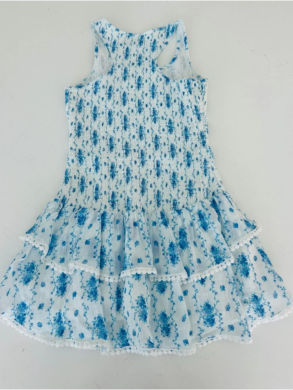Katie J NYC White Dress with Blue Floral Ruffles
